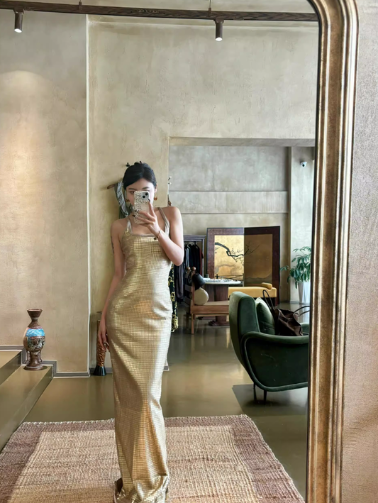 Sexy Golden Sheath Straps Satin Long Prom Dress Outfits SH4927