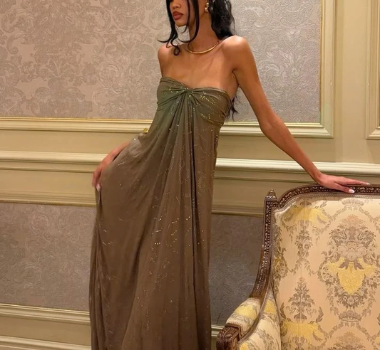 Vintage Matcha Green Strapless Satin Sequin Mermaid Evening Dress Long Birthday Party Gown D1389