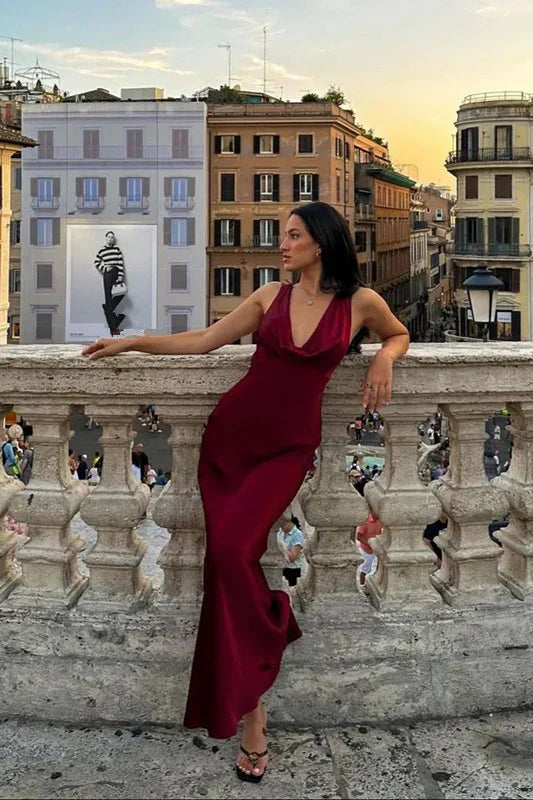 Simple Mermaid V Neck Burgundy Satin Open Back Prom Dress Evening Dress SH2189