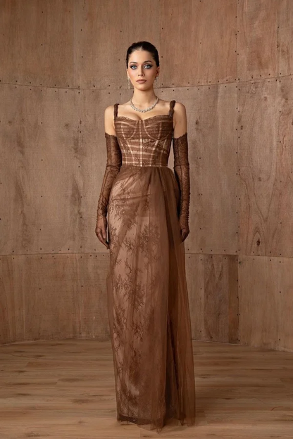 Taupe Tulle Elegant Corset Embroidery Printing Prom Dress With Lace Gloves