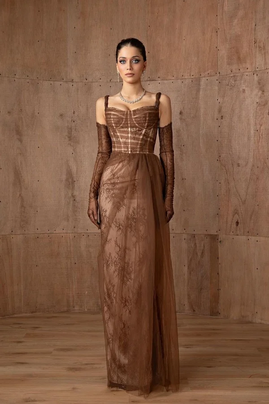 Taupe Tulle Elegant Corset Embroidery Printing Prom Dress With Lace Gloves