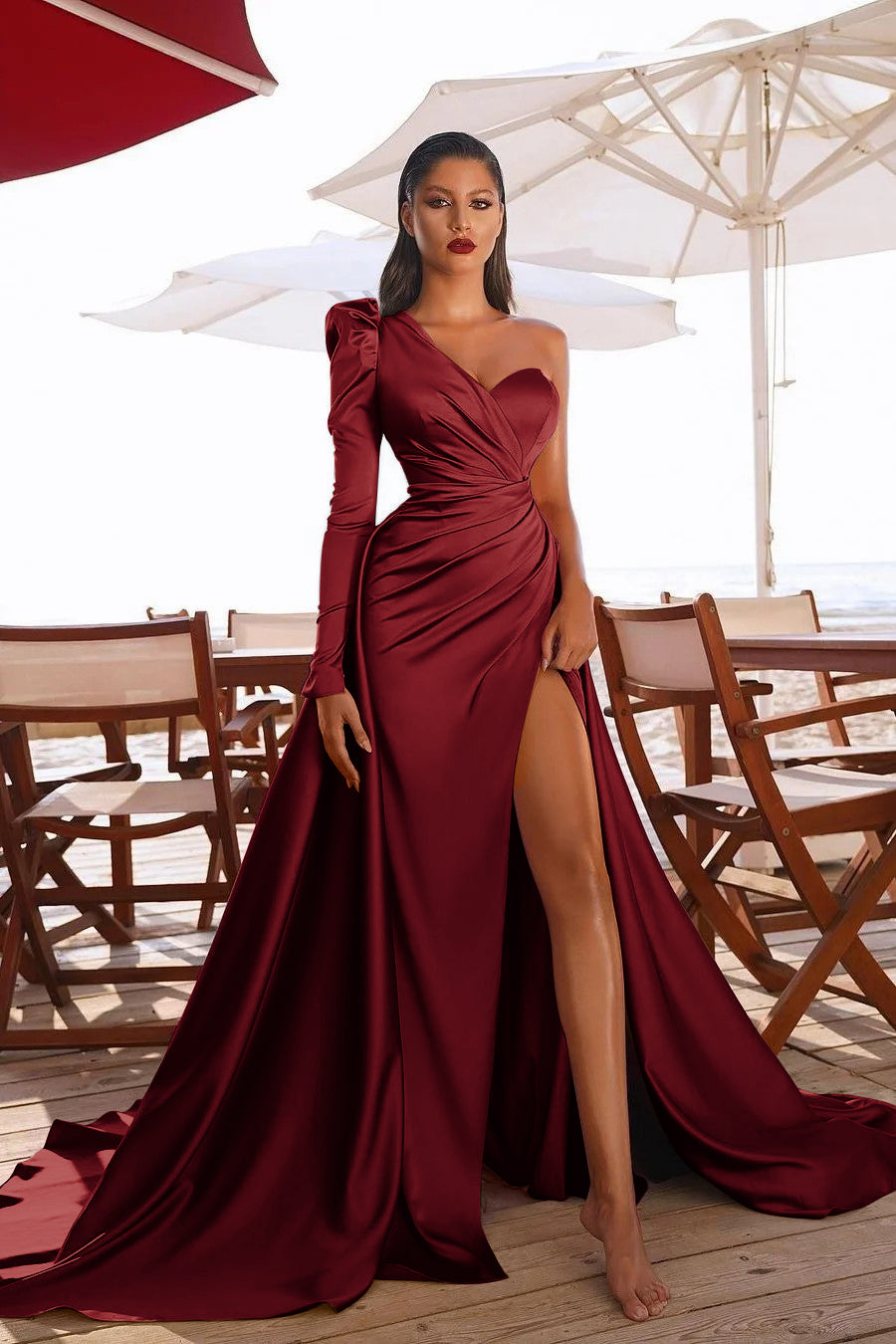 Glamorous One Shoulder Long Sleeves Prom Dres With Slit
