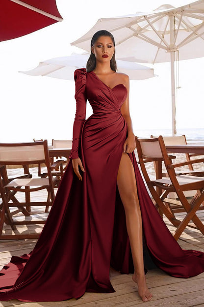 Glamorous One Shoulder Long Sleeves Prom Dres With Slit