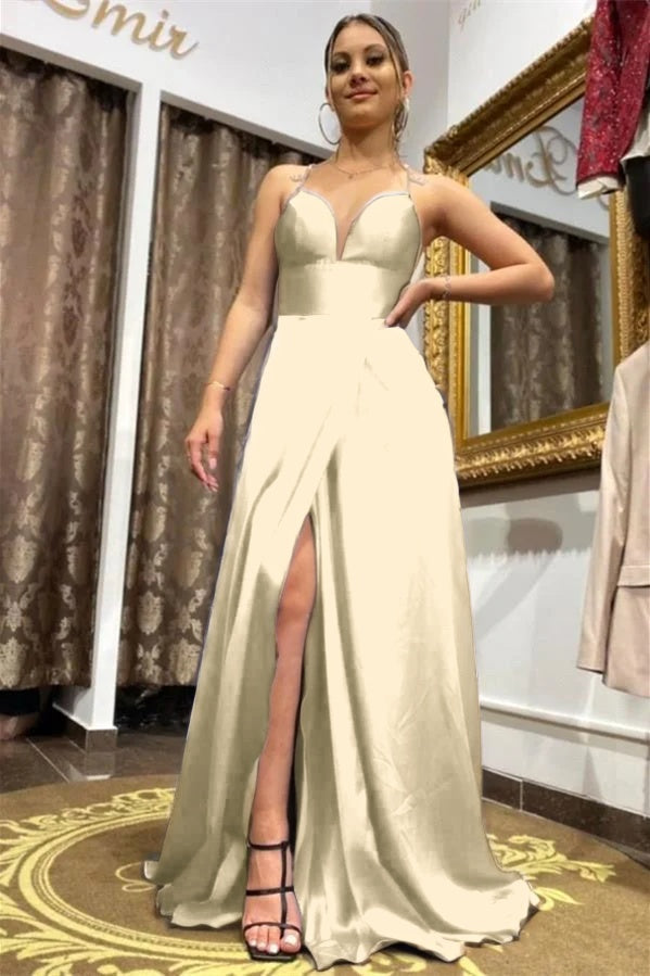 Long Royal Blue Slit Prom Dress Spaghetti-Straps