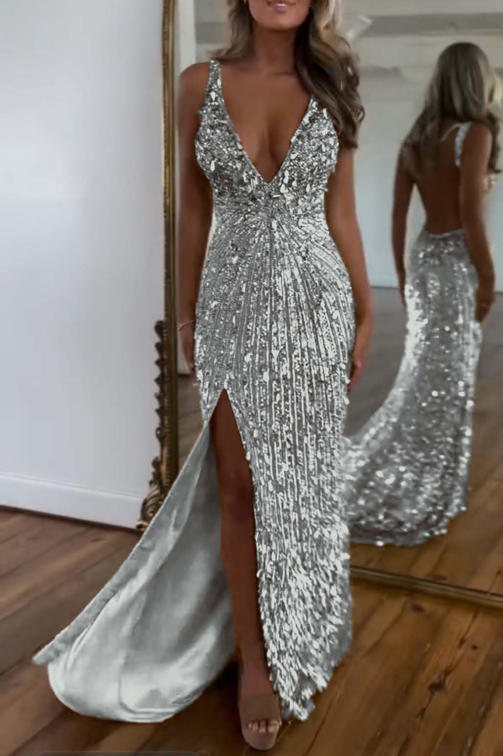 Charming Gold Sequins Spaghetti Strap Sleeveless V Neck Long Prom Dress with Split