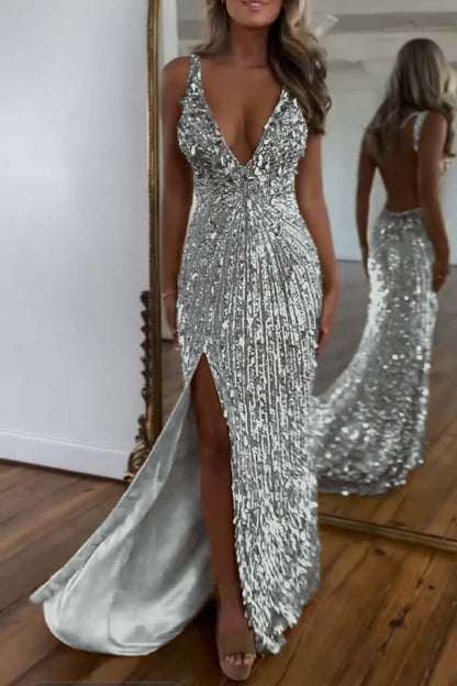 Charming Gold Sequins Spaghetti Strap Sleeveless V Neck Long Prom Dress with Split