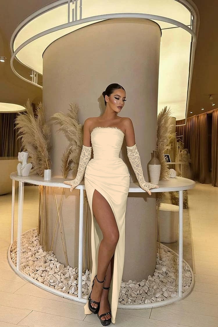 Black Sleeveless Strapless Square Mermaid Lace Prom Dress With Gloves