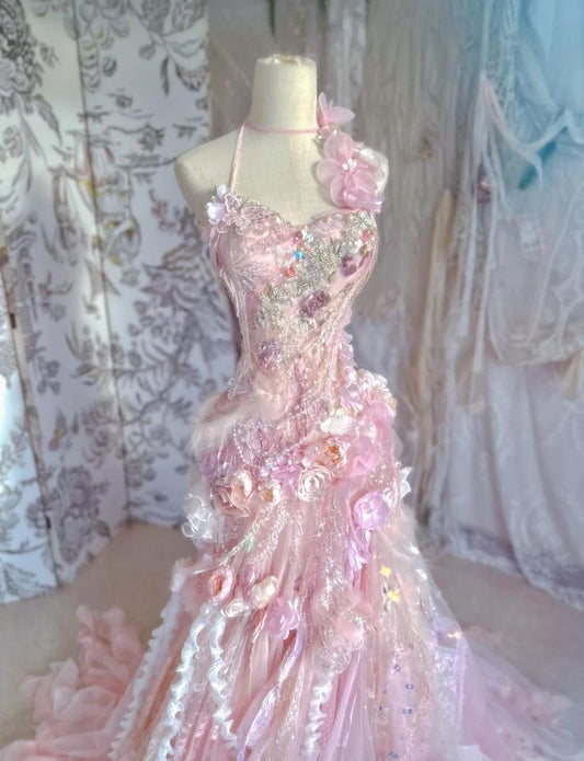 Fairytale Pink Sweetheart Mermaid Tulle Long Prom Dresses Formal Evening Gowns with Appliques fg8448