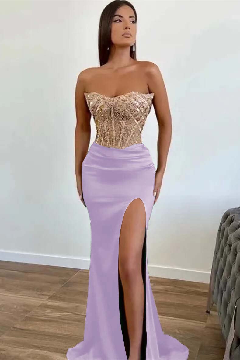 Green Applique Beadings Mermaid Prom Dress Slit With Strapless