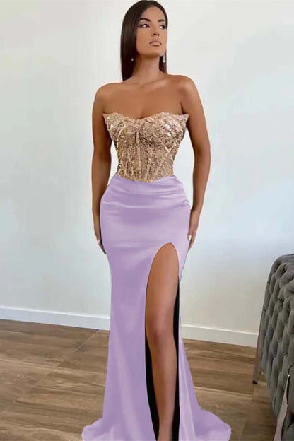 Green Applique Beadings Mermaid Prom Dress Slit With Strapless
