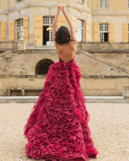 Burgundy Sleeveless Deep V-Neck Halter Straps High-Low Ruffled Prom Dress