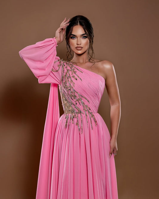 Pink Draped One-Shoulder Dress with Sparkling Embellishments