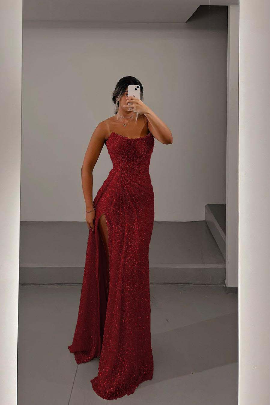 Glamorous Light Pink Sequins Strapless Sleeveless Long Prom Dress with Split