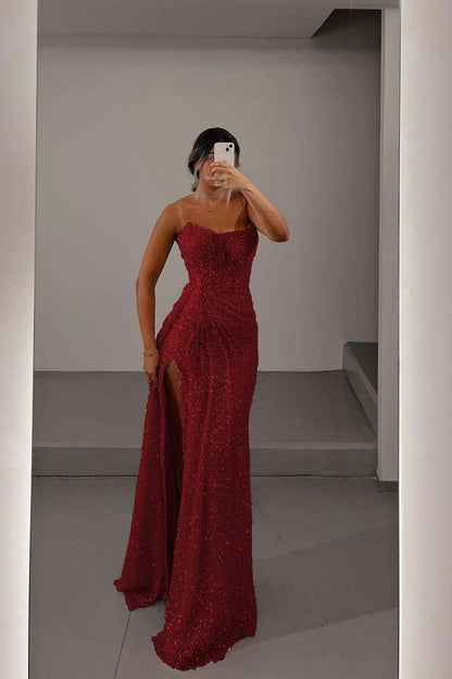 Glamorous Light Pink Sequins Strapless Sleeveless Long Prom Dress with Split