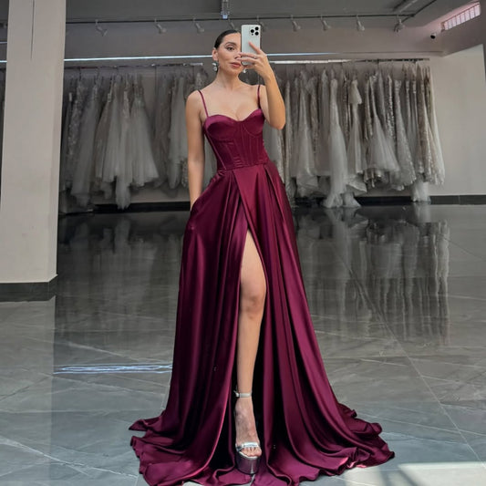 Red Spaghetti Straps A-Line Long Prom Dress With Pleated