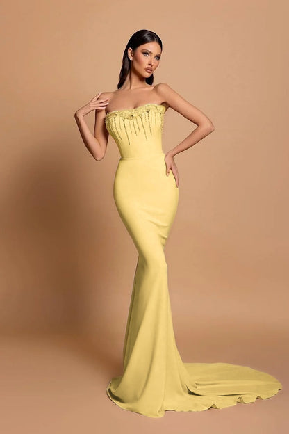 Strapless Pink Sleeveless Long Mermaid Beading Evening Dress