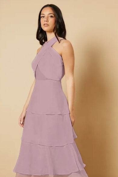 Sleeveless Halter Straps A Line Long Ruffles Prom Dress