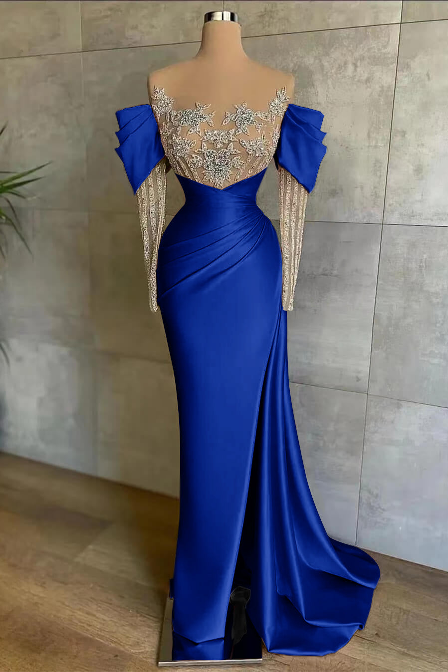 Pink Front Split Mermaid Long Sleeves Prom Dress Beadings With Appliques Off-The-Shoulder