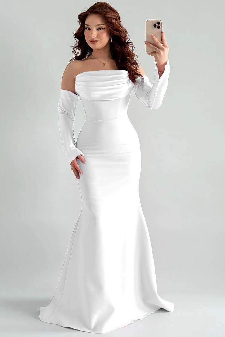 Square Strapless Mermaid Long Sleeves Prom Dress With Pleated