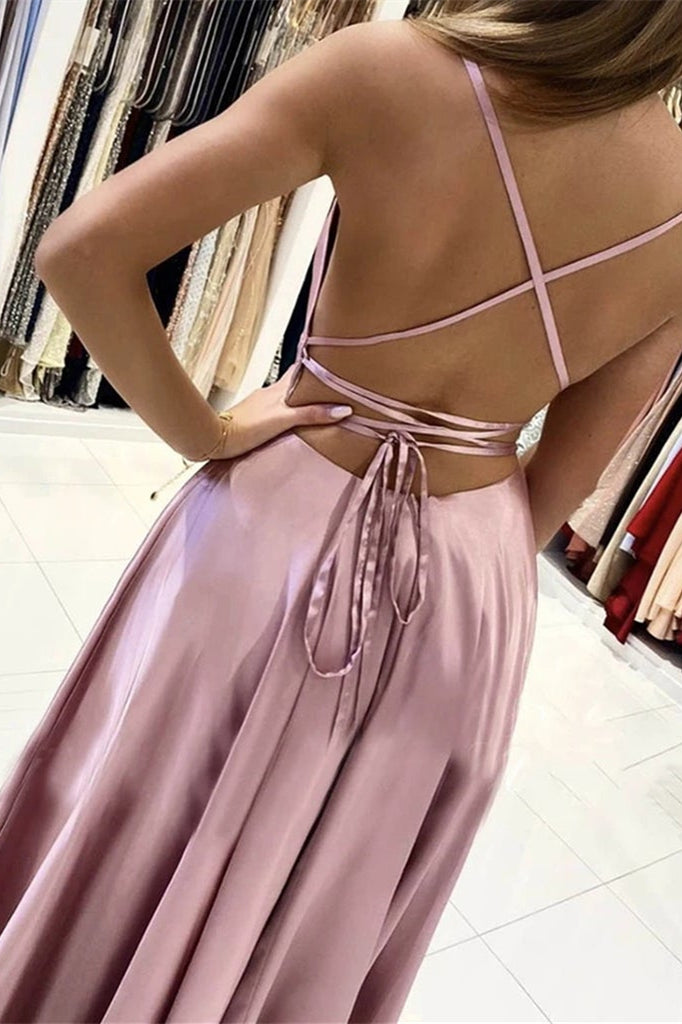 Pink Prom Dress With Slit Spaghetti-Straps