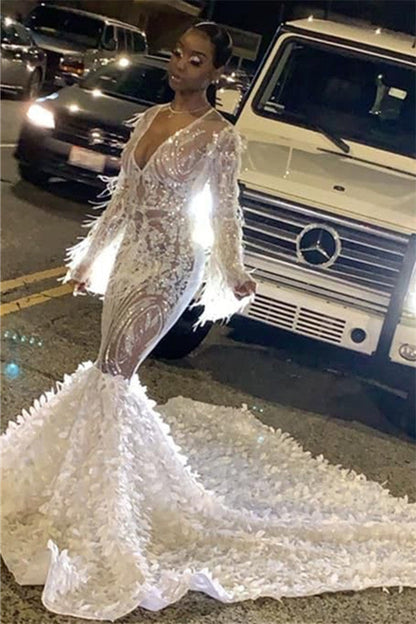 Long Sleeves Sequins Sexy Mermaid Prom Dress V-Neck