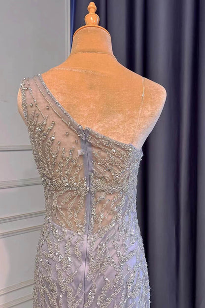 Light Purple Mermaid Beads One Shoulder Prom Dress With Long Ruffles Appliques Front Split