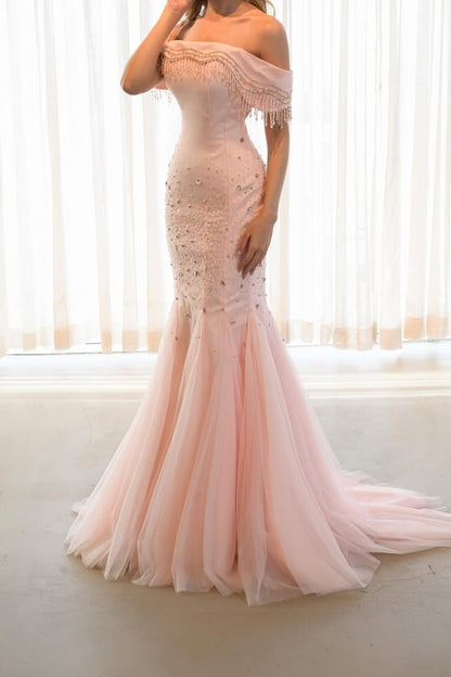 Sleeveless Square Off Shoulders Mermaid Evening Dress With Beading