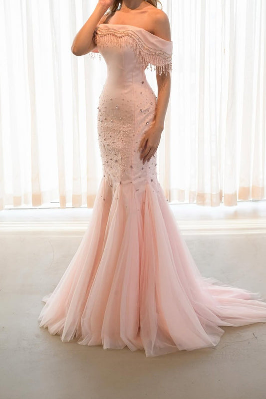 Sleeveless Square Off Shoulders Mermaid Evening Dress With Beading