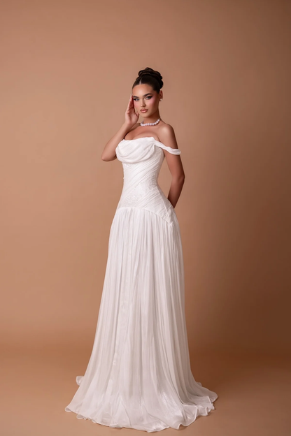 Charming White Off-the-Shoulder A-Line Evening Dress in Chiffon Pleated