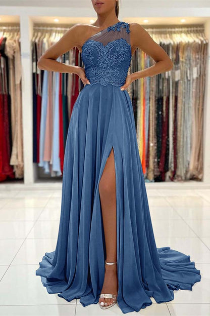 Glamorous One Shoulder Lace Appliques Prom Dress Front Slit