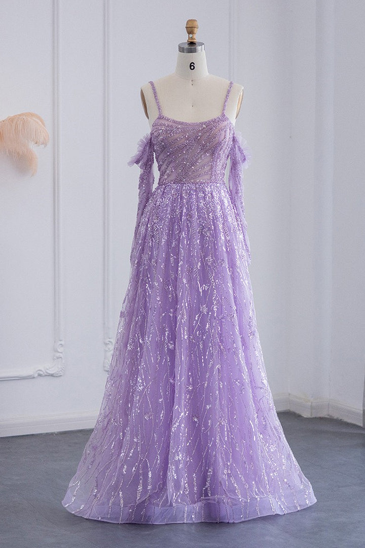 Pink Off-The-Shoulder A Line Prom Dress Long Sleeves Tulle With Sparkle Appliques