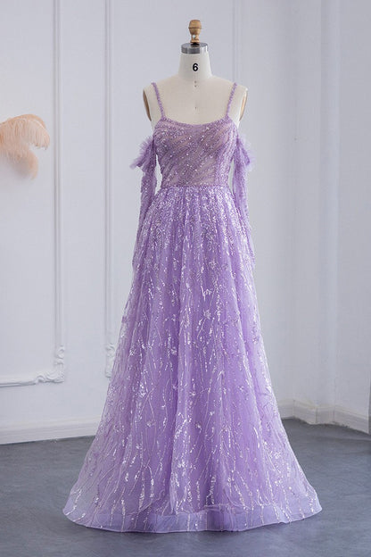 Pink Off-The-Shoulder A Line Prom Dress Long Sleeves Tulle With Sparkle Appliques