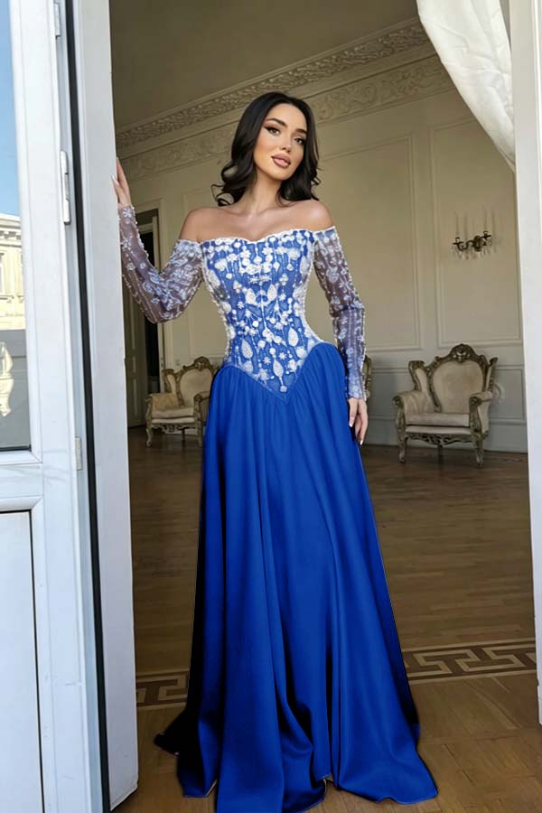 Stunning Red Bateau Neck Long Sleeves Beaded Evening Dress With Pleated