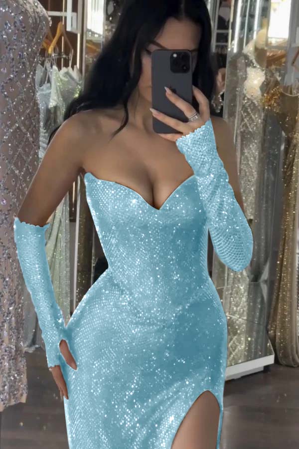 Burgundy Sleeveless Strapless Sequins Mermaid Prom Dress With Gloves