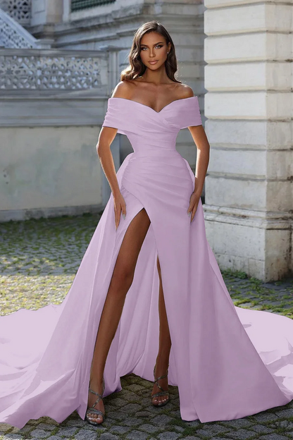 White Split Off-The-Shoulder Long Strapless Prom Dress With Detachable Trail