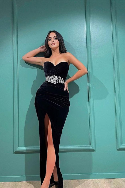 Black Sweetheart Split Long Prom Dress With Appliques