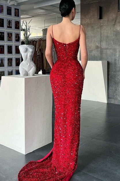 Red Split Spaghetti-Straps Mermaid Evening Dress With Sequins