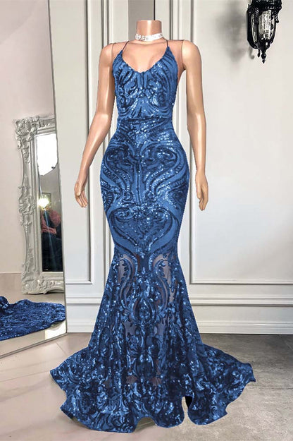 Mermaid Spaghetti-Straps Royal Blue Long Prom Dress With Sequins