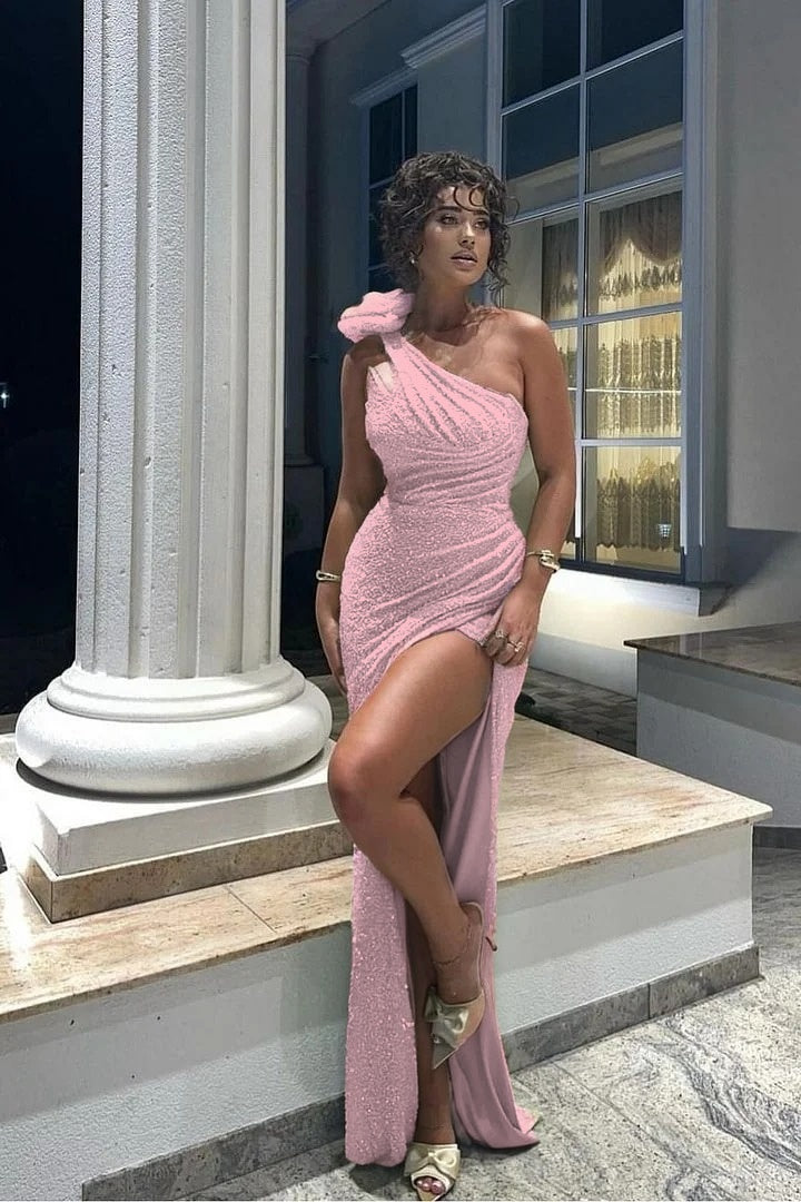 Glamorous Sequins One Shoulder Sleeveless Pleated Long Prom Dress with Split