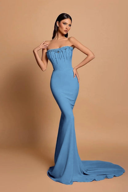 Strapless Pink Sleeveless Long Mermaid Beading Evening Dress