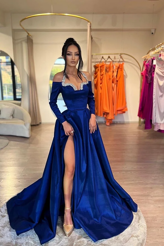 Royal Blue Long Sleeves Halter Straps A-Line Beads Prom Dress