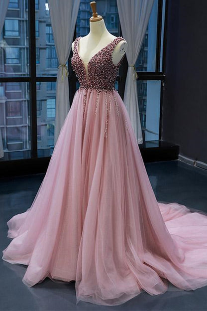 Pink V-Neck Mermaid Sleeveless Prom Dress With Beadings On Sale
