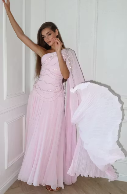Blushing Pink One Shoulder Sheath Evening Dress With Beadings