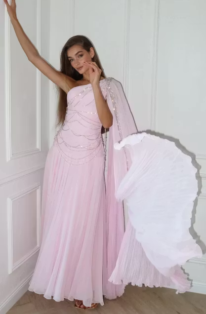 Blushing Pink One Shoulder Sheath Evening Dress With Beadings