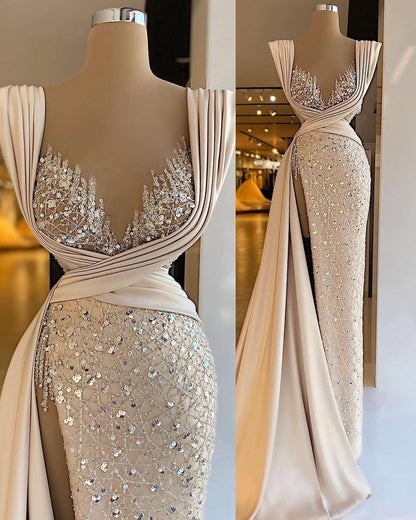Sleeveless Deep V-Neck Mermaid Beads Prom Dress