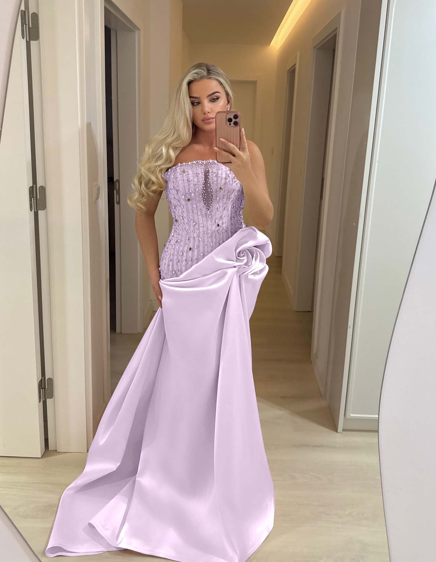 Romantic Pink Straight Across Sleeveless Rhinestone Handmade Flower Evening Dress
