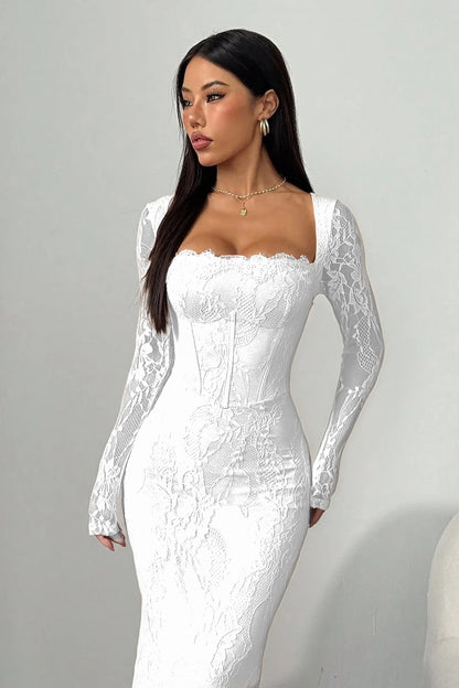 Long Sleeves Pink Square Lace Mermaid Prom Dress With Embroidery