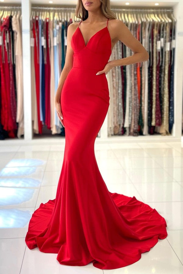 Red Spaghetti Strap Long Mermaid Evening Dress