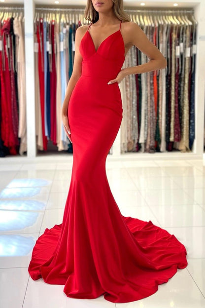 Red Spaghetti Strap Long Mermaid Evening Dress