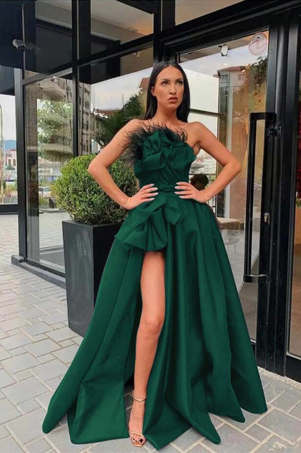 Long Black Prom Dress Slit With Feather